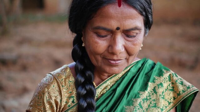 Portrait of a mature Indian woman with long black braided hair, wearing a green sari with gold embroidery, looking down and smiling slightly, in a rural setting