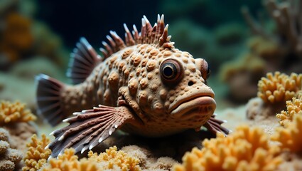Closeup Bumpy Marine Stonefish Creature Resting on Orange Coral Seabed Underwater
