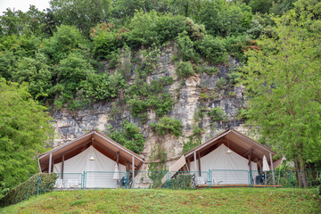 Glamping tent accommodation in scenic Croatian countryside.