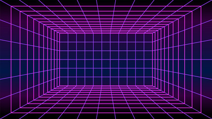 Futuristic cyberpunk grid room vector background. Neon pink lines create a 3D perspective tunnel for tech designs.