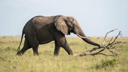 Obraz premium African Elephant Carrying a Branch Across Grassland