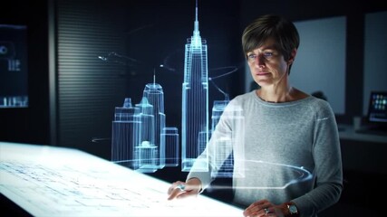 A female architect of European descent interacts with an interactive display, analyzing buildings. The environment highlights innovative technology. - Powered by Adobe