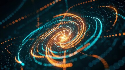 A mesmerizing digital visualization of a swirling galaxy featuring vibrant orange and blue particles spiraling in a cosmic dance set against a dark background that enhances the ethereal glow - Powered by Adobe