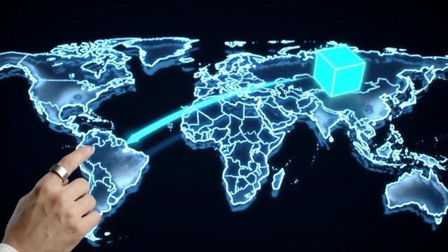 A hand interacts with a holographic map, emphasizing different regions and cities. This display showcases innovative tech that highlights global interactivity and mapping capabilities