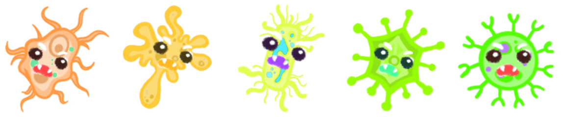 Cute Cartoon Style Virus and Bacteria Icons for Science, Biology, Health Education and Microorganism Illustrations
