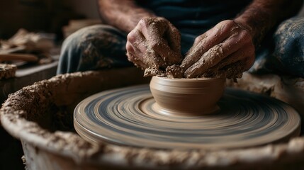 Crafting a clay bowl on a pottery wheel in a workshop during the afternoon light
