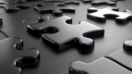 Black jigsaw puzzle pieces connecting on metal surface