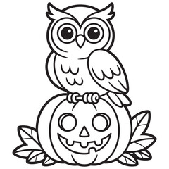 Owl Sitting on a Jack-o'-Lantern Pumpkin – Thanksgiving Forest Owl Cartoon Line Art for Kids Coloring Page

