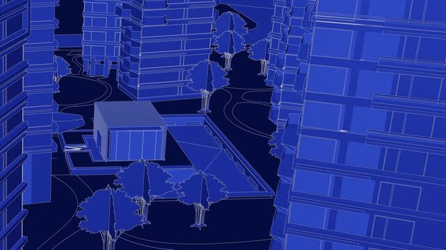 Animation of a Generic Apartment Complex, Seamless Looped Animation, linework, 3d blueprint
