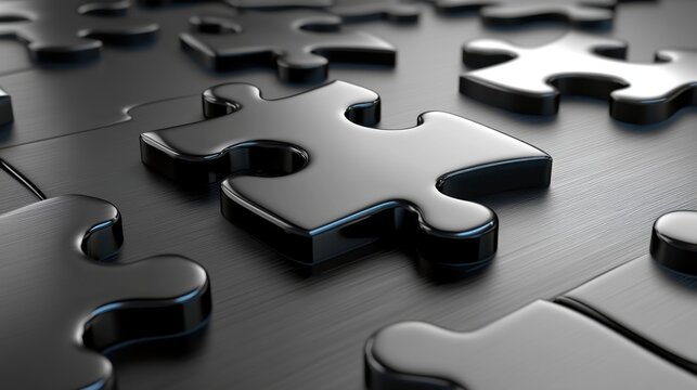 Black jigsaw puzzle pieces connecting on metal surface