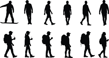 Silhouette clipart of walking and snowboarding people – male and female figures with backpacks and drinks for design