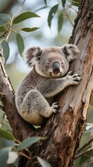 Obraz premium A serene koala rests comfortably on a tree trunk, surrounded by eucalyptus leaves.