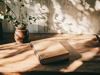 Book sits on a wooden table next to a vase. The book is open to a page with a picture of a tree. The vase is empty and the table is made of wood. The scene is peaceful and calming
