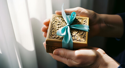 Person Holding Elegant Gold Gift Box with Light Blue Ribbon Near Window