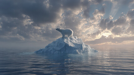 Polar bear standing on iceberg amidst dramatic clouds arctic ocean nature photography serene environment wide angle view
