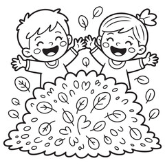 Two Kids with Thanksgiving Turkey – Cute Holiday Line Art for Children’s Coloring Book