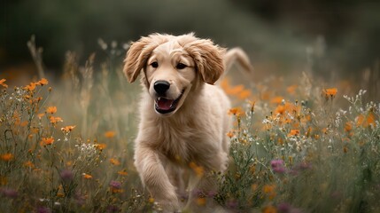 Golden retriever puppy joyfully runs through a field of flowers during golden hour, surrounded by blooming blossoms