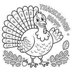 Happy Thanksgiving Turkey with Leaf Wreath – Cute Holiday Bird Line Art for Kids Coloring Page