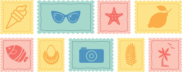 Vintage summer vacation postcard stamp set. Italian Hand drawn travel postage. Vector retro frame label border element design, amalfi badge, lemons, tomato, seashell.