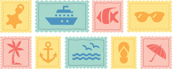 Vintage summer vacation postcard stamp set. Italian Hand drawn travel postage. Vector retro frame label border element design, amalfi badge, lemons, tomato, seashell.