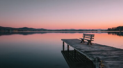 Quiet sunset at a tranquil lake with a wooden dock and a solitary bench inviting reflection