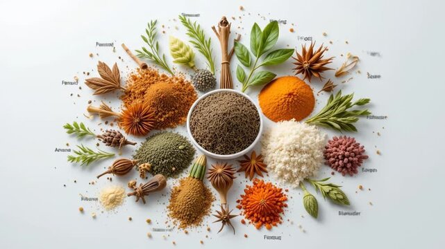 Aromatic Spices and Herbs Flat Lay Composition for Culinary Artistry and Flavorful Dishes