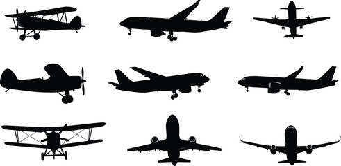 Airplane silhouette clipart set – vintage biplane, commercial jet, and propeller plane vector graphics for aviation crafts and designs