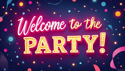 Vibrant neon sign announcing "Welcome to the Party!" amidst a festive backdrop of confetti and streamers, creating an inviting atmosphere.