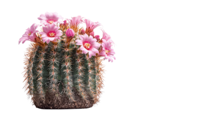 A blooming cactus with pink flowers on top, background isolated on a Transparent background, PNG file.