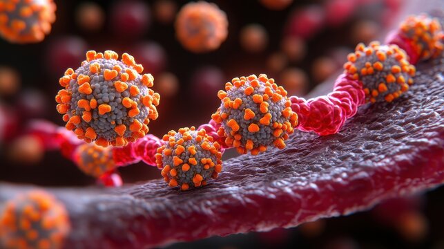 Coronavirus attacking human cells, causing respiratory illness