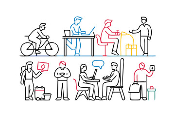 Diverse people engaged in various activities including cycling working and interacting activity