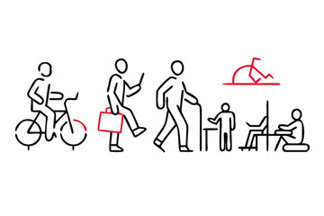 Diverse People Engaged in Various Activities with Red Accents silhouette group