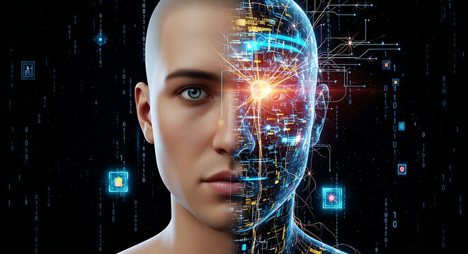Half human, half robot face, showcasing the fusion of organic and technological elements, with glowing circuits and a futuristic aesthetic.