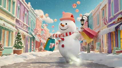 Christmas shopping. Cheerful snowman dancing holding holiday shopping bags in shopping street with sparkling lights and falling snow, Joy of Christmas shopping. Shopping in Winter Wonderland - Powered by Adobe