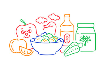 Neon line art food and drink items on white background illustration