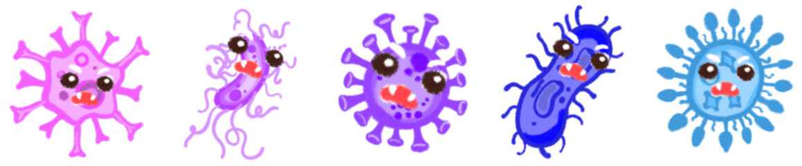 Cute Cartoon Style Virus and Bacteria Icons for Science, Biology, Health Education and Microorganism Illustrations