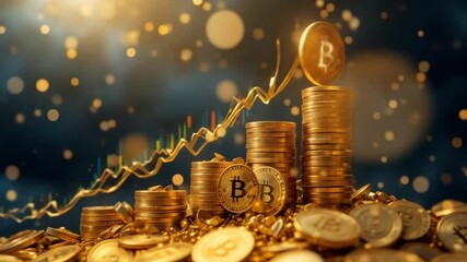 Bitcoin soaring value and growth depicted through stack of golden coins - Powered by Adobe