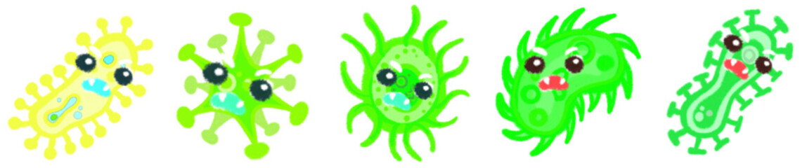 Cute Cartoon Style Virus and Bacteria Icons for Science, Biology, Health Education and Microorganism Illustrations