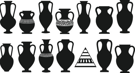 Ancient Greek vase silhouette bundle – amphora and pottery clipart for classical art, history, mythology, crafts, and teaching projects