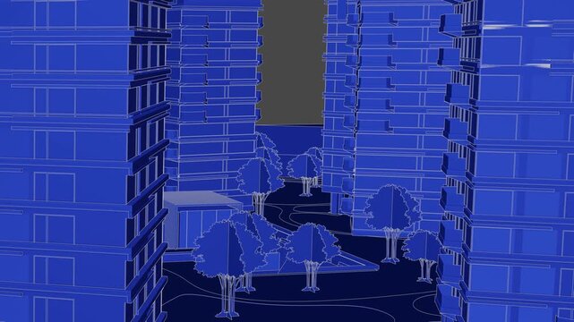 Animation of a Generic Apartment Complex, Seamless Looped Animation, linework, 3d blueprint