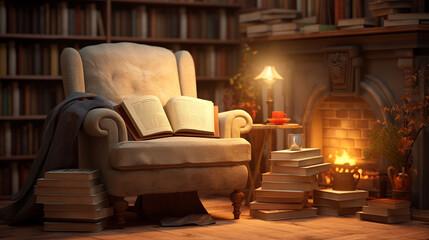 Photo of a cozy armchair with books sits near a fireplace in a warm and inviting home library setting
