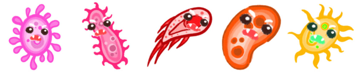 Cute Cartoon Style Virus and Bacteria Icons for Science, Biology, Health Education and Microorganism Illustrations