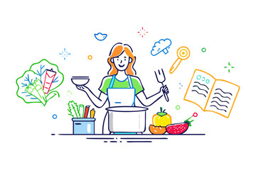 Woman cooking with vegetables and recipe book on white background chef kitchen