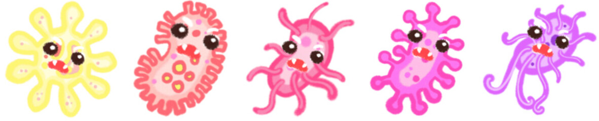 Cute Cartoon Style Virus and Bacteria Icons for Science, Biology, Health Education and Microorganism Illustrations