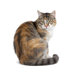 Obraz premium Sitting Cat PNG – Ultra-Realistic Calico Domestic Short-Haired Cat Isolated on Transparent Background