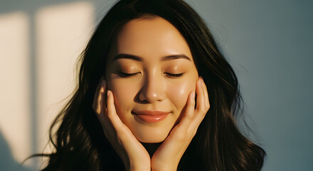 Young Woman with Smooth Skin and Dark Hair Smiling Calmly in Soft Light