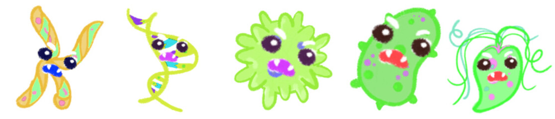 Cute Cartoon Style Virus and Bacteria Icons for Science, Biology, Health Education and Microorganism Illustrations