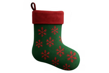 Christmas stocking decorated with red snowflakes on a transparent background, perfect for festive designs