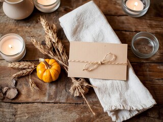 Autumn decor with pumpkin, candles, and rustic invitation on wooden table