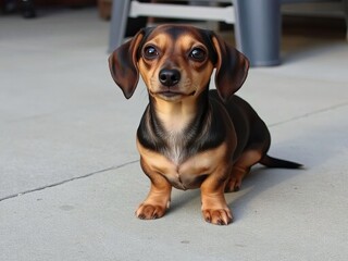 Cute dachshund puppy sitting on the floor with a curious expression